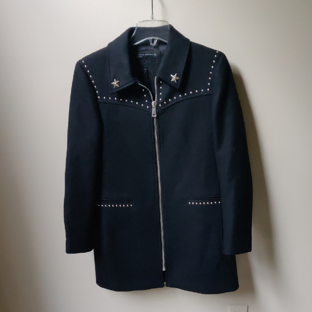 NWOT Zara Black Pea Coat with Silver Studs Size Medium